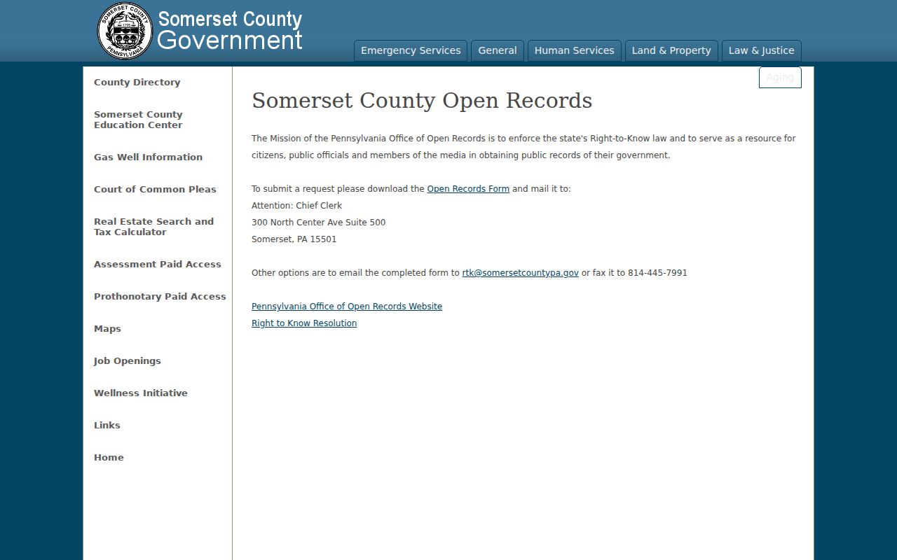 Somerset County criminal records Right-to-Know request instructions