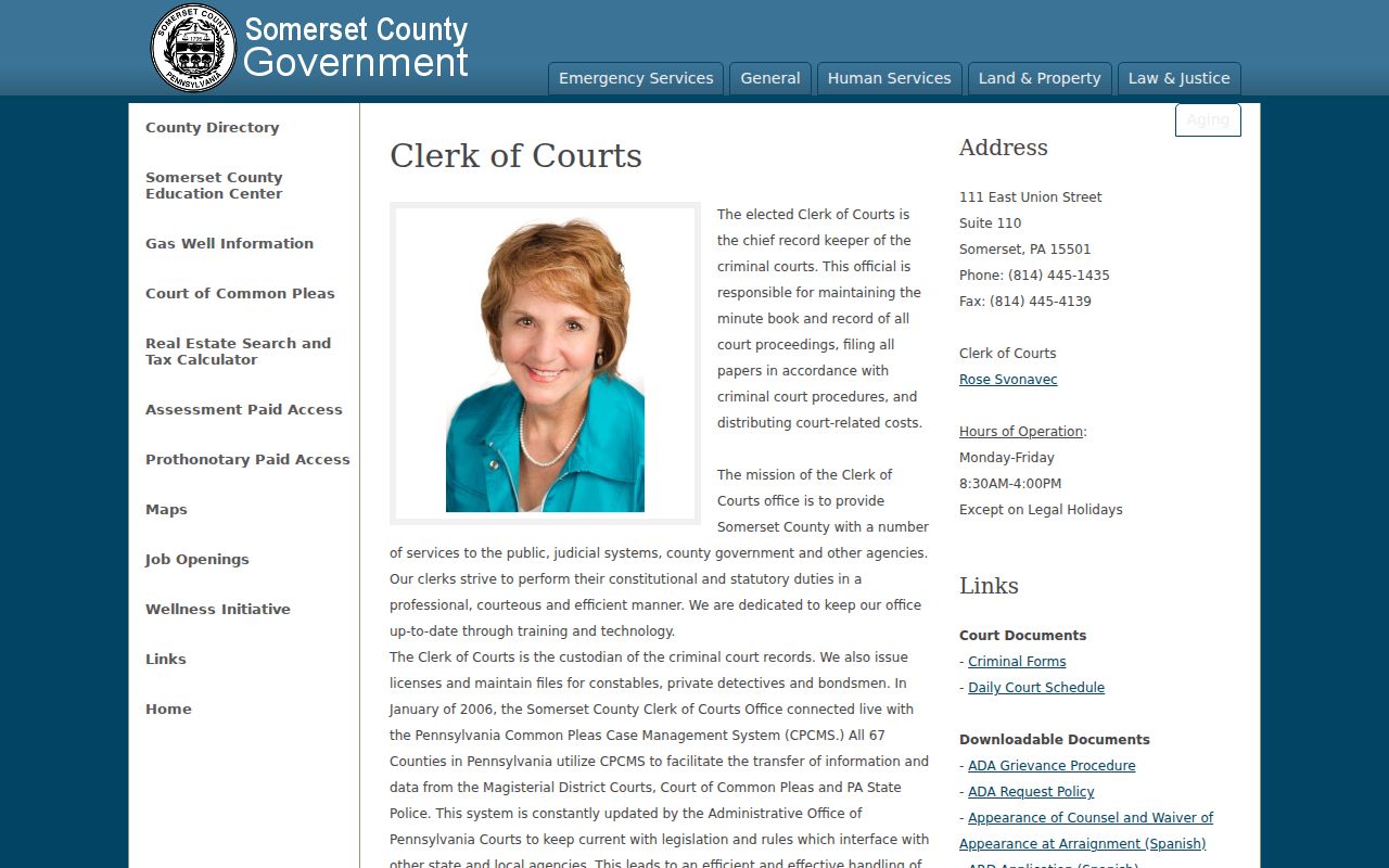 Somerset County criminal records Clerk of Courts page