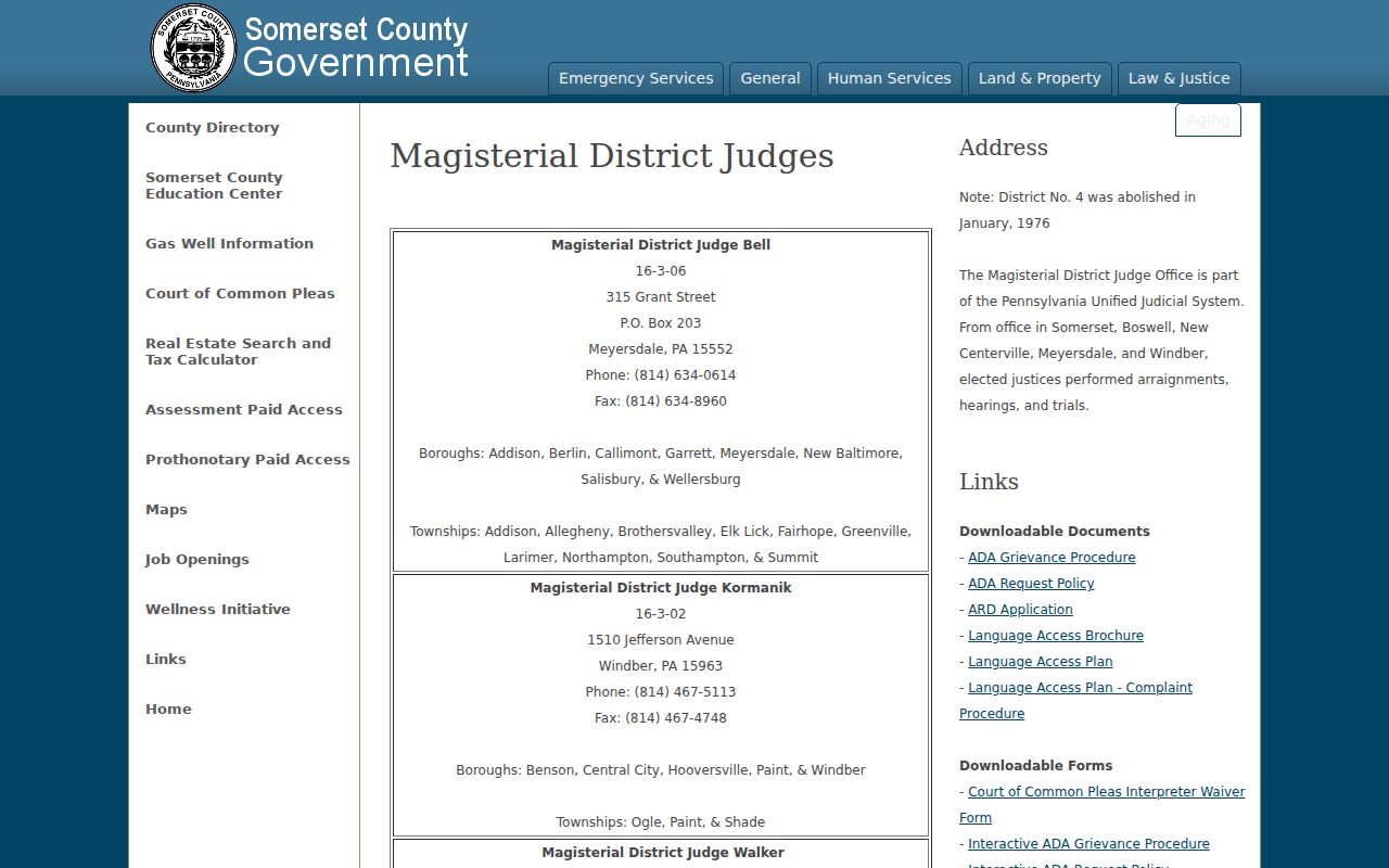 Somerset County criminal court case Magisterial District Court contacts